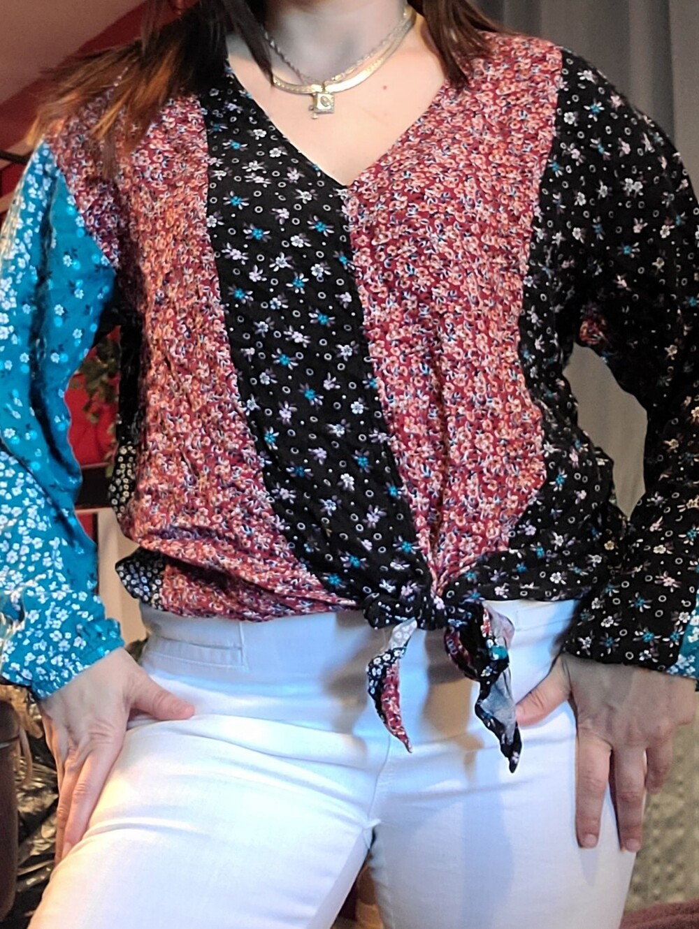Wrangler Patchwork Tie-Front V-Neck Blouse in Black, Red & Teal